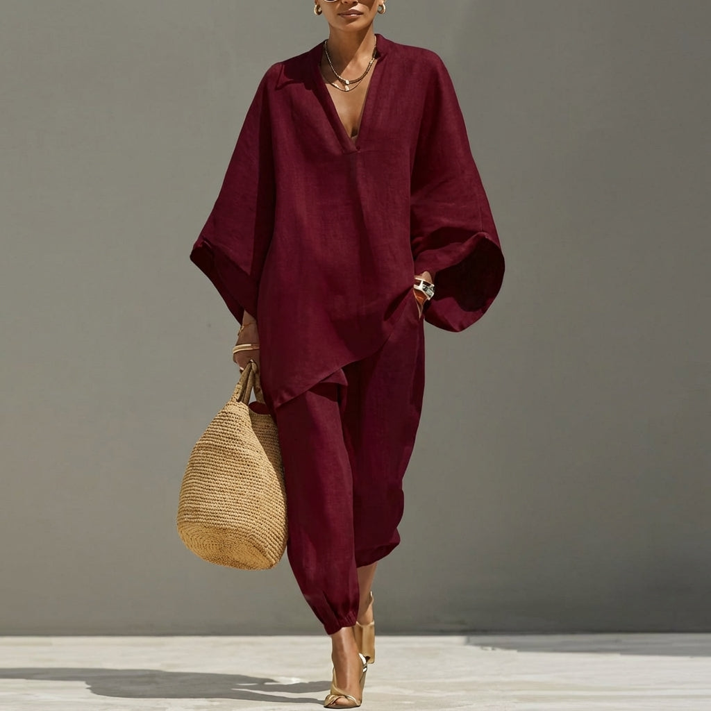 Marina Women's Casual V-Neck Two-Piece Set – Effortless Everyday Chic