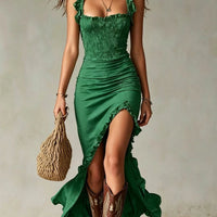 Jane | Bohemian Ruched Maxi Dress with Side Slit - Flowing, Flattering Boho Maxi