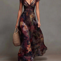 Watercolor Floral Pleated V-Neck Maxi Dress - Elegant, Flowing Maxi with Soft Pleats