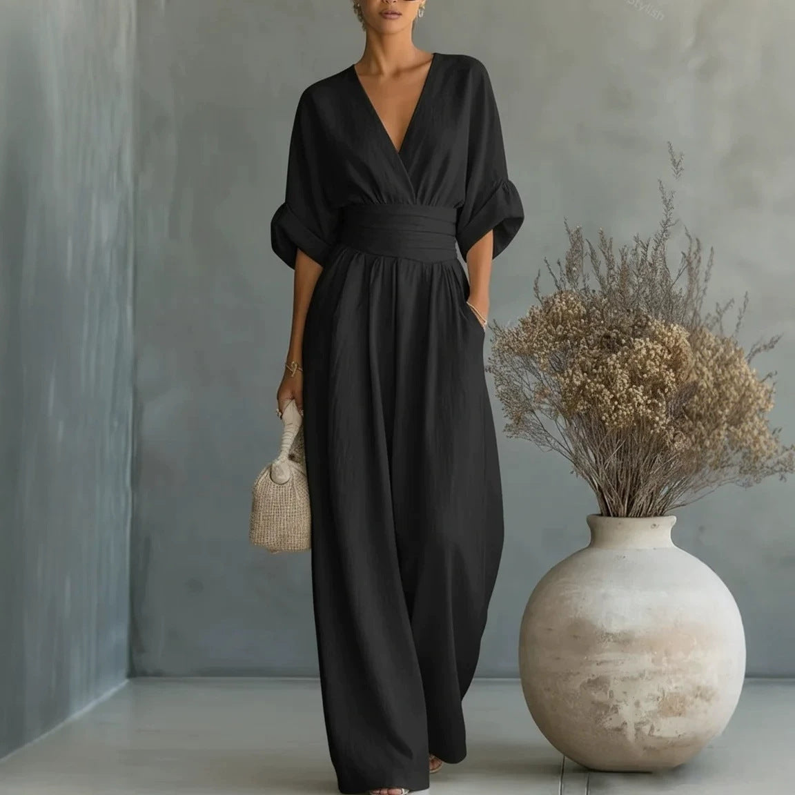 Elowen | Elegant Draped Wide-Leg Jumpsuit for a Sleek, Sophisticated Look