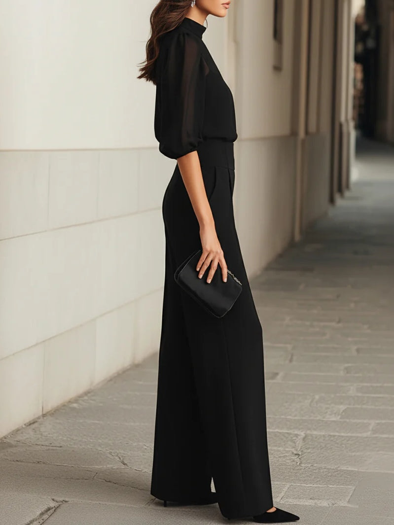 Valentina Black 3-Piece Ensemble Featuring a Sheer Camisole Top and Wide-Leg Trousers – S1