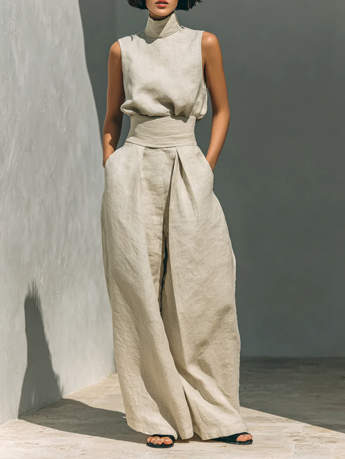 Aurora | Effortless Beige Sleeveless Wide-Leg Co-Ord Set - Relaxed Fit for Everyday Chic