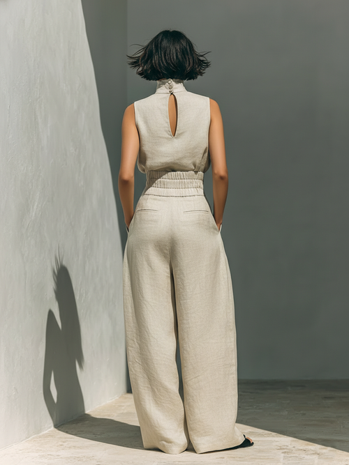 Aurora | Effortless Beige Sleeveless Wide-Leg Co-Ord Set - Relaxed Fit for Everyday Chic