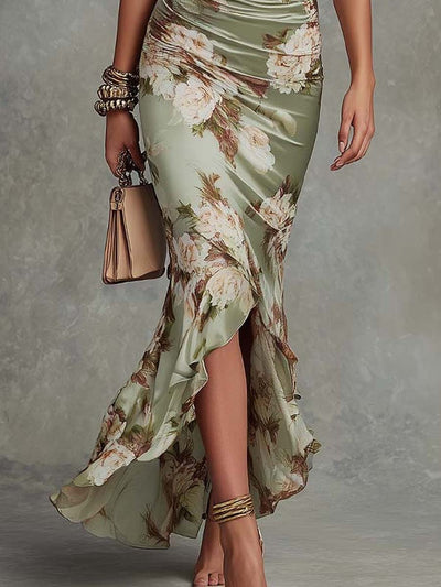 Amara | Ruched Floral Ruffle Midi Dress