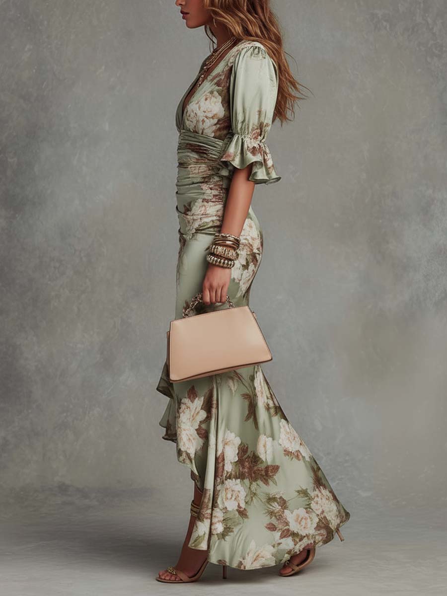 Amara | Ruched Floral Ruffle Midi Dress