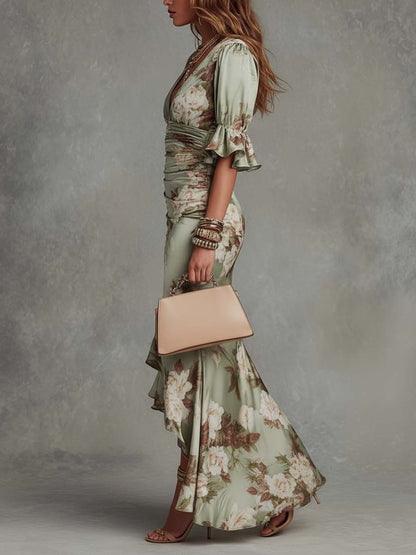Liora | Floral Ruched Satin Dress