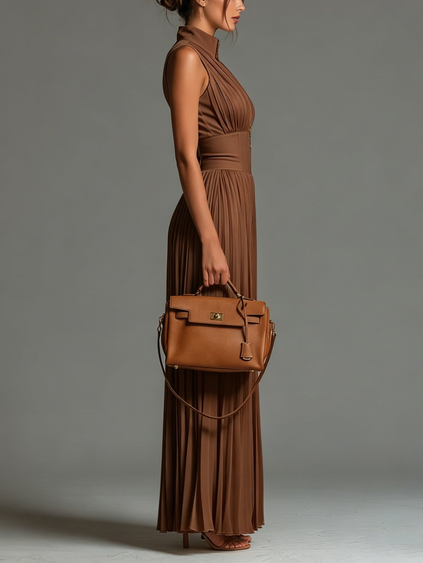 ESSENTIAL - Zsófia Jumpsuit in Brown Pleated Chiffon
