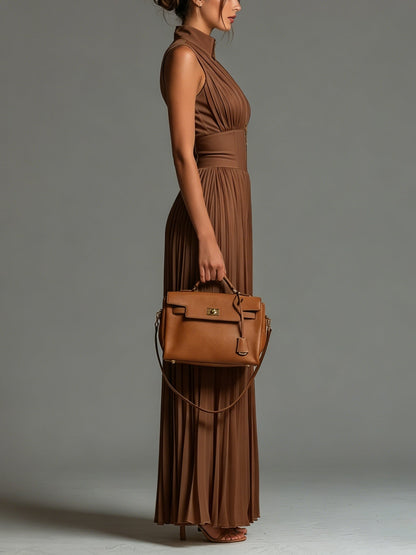ESSENTIAL - Zsófia Jumpsuit in Brown Pleated Chiffon