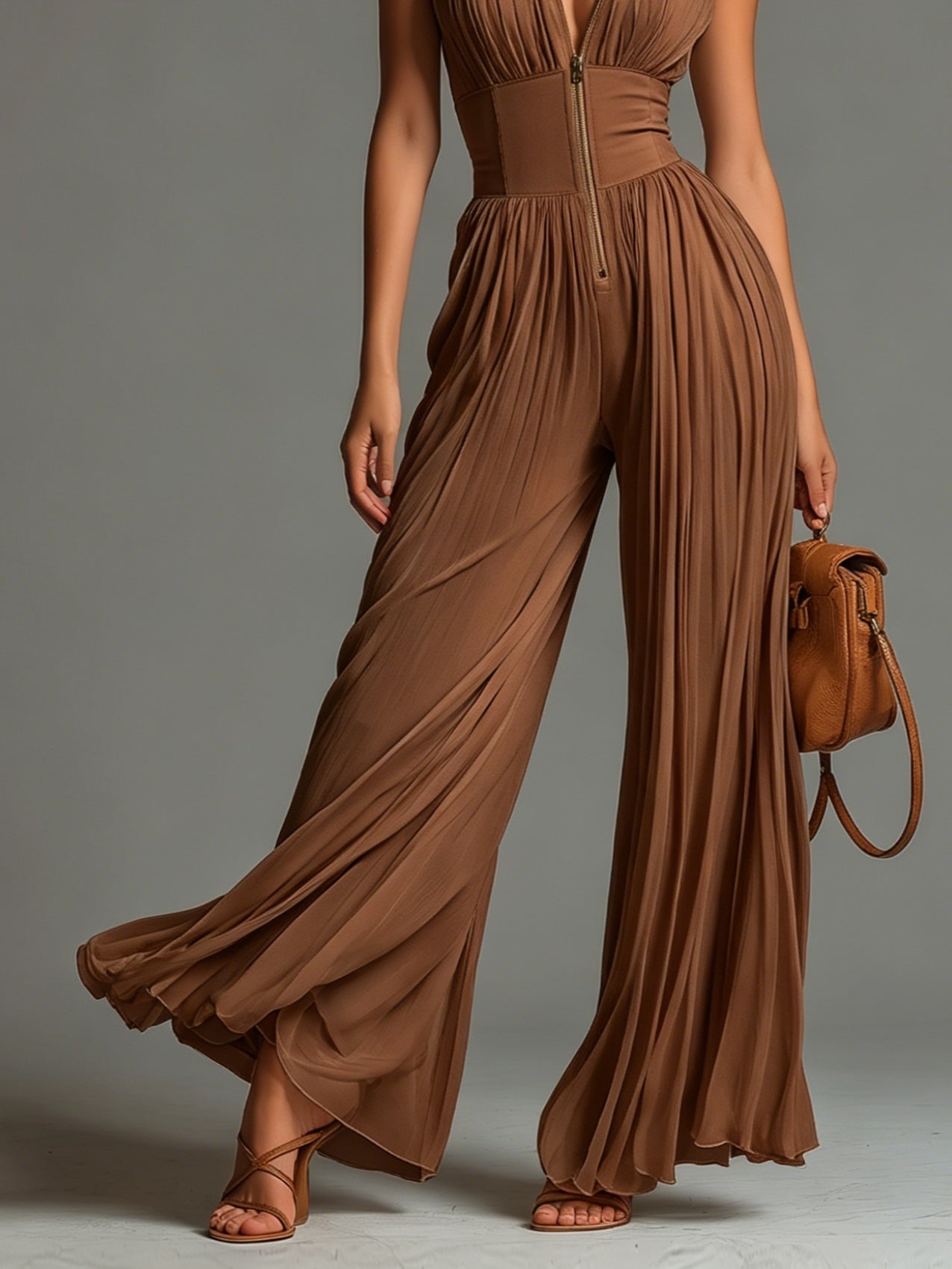 ESSENTIAL - Zsófia Jumpsuit in Brown Pleated Chiffon