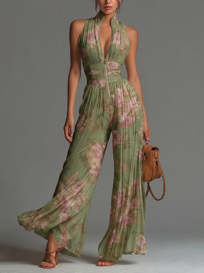 Chic Pleated Floral Chiffon Jumpsuit • S1