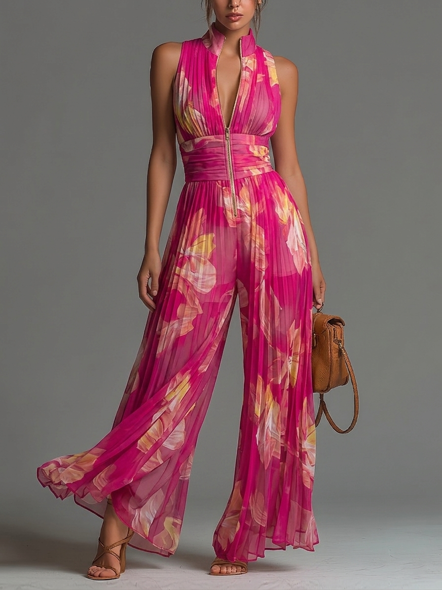 Zsófia Jumpsuit – Fuchsia Floral Pleated Chiffon, Size S1