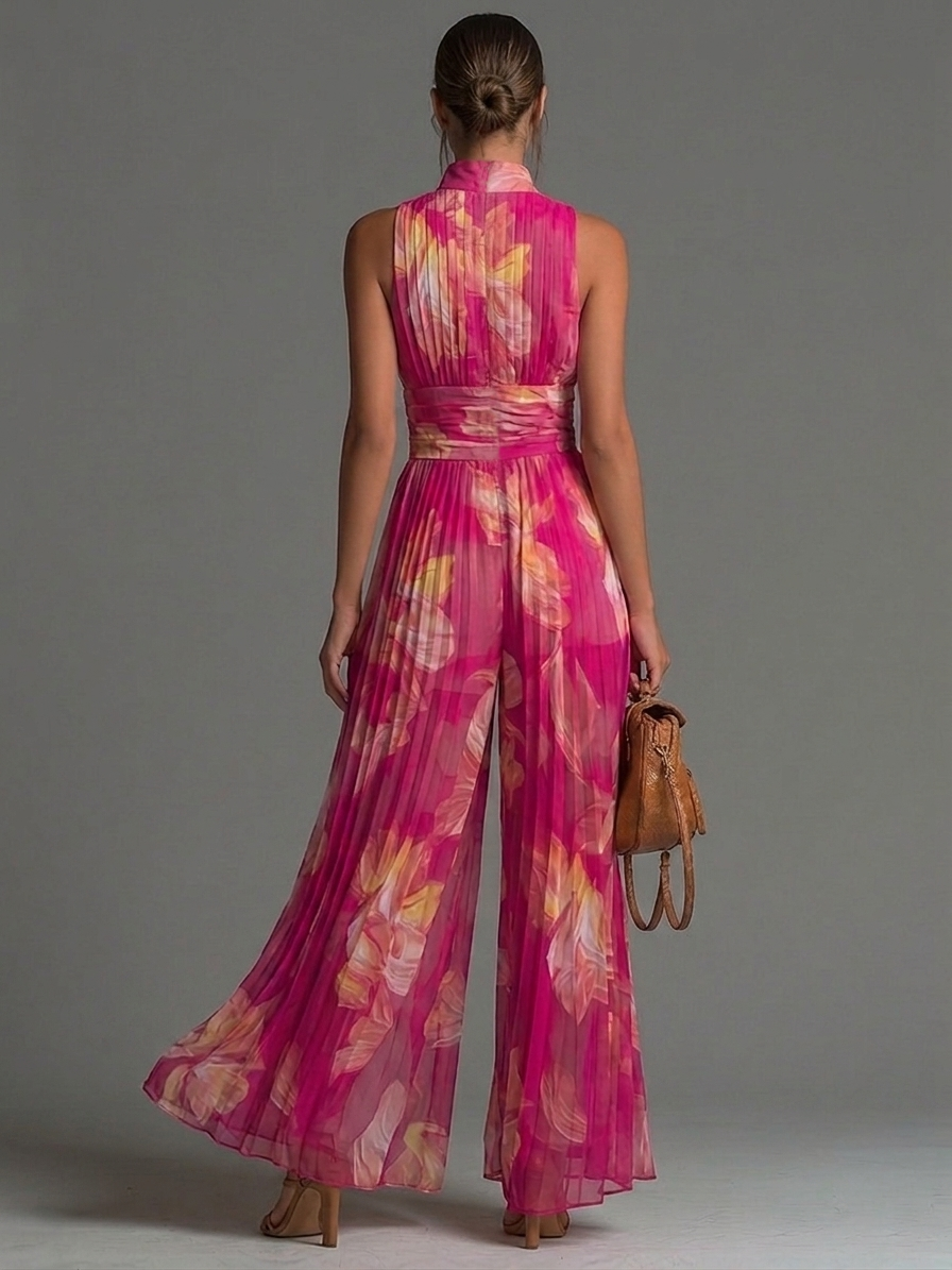 Zsófia Jumpsuit – Fuchsia Floral Pleated Chiffon, Size S1