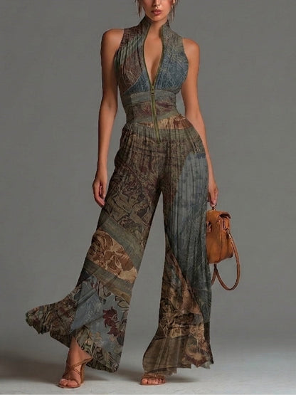 Bohemian Ethnic-Print Sleeveless Zipper Jumpsuit with Pleated Wide-Leg Chiffon