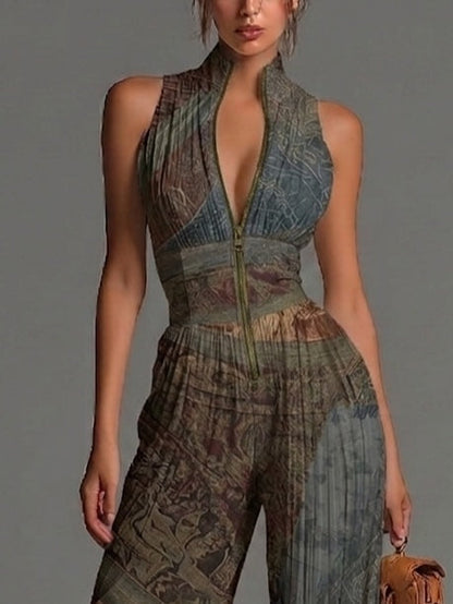 Bohemian Ethnic-Print Sleeveless Zipper Jumpsuit with Pleated Wide-Leg Chiffon