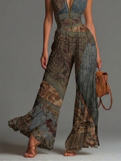 Bohemian Ethnic-Print Sleeveless Zipper Jumpsuit with Pleated Wide-Leg Chiffon