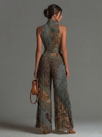 Bohemian Ethnic-Print Sleeveless Zipper Jumpsuit with Pleated Wide-Leg Chiffon