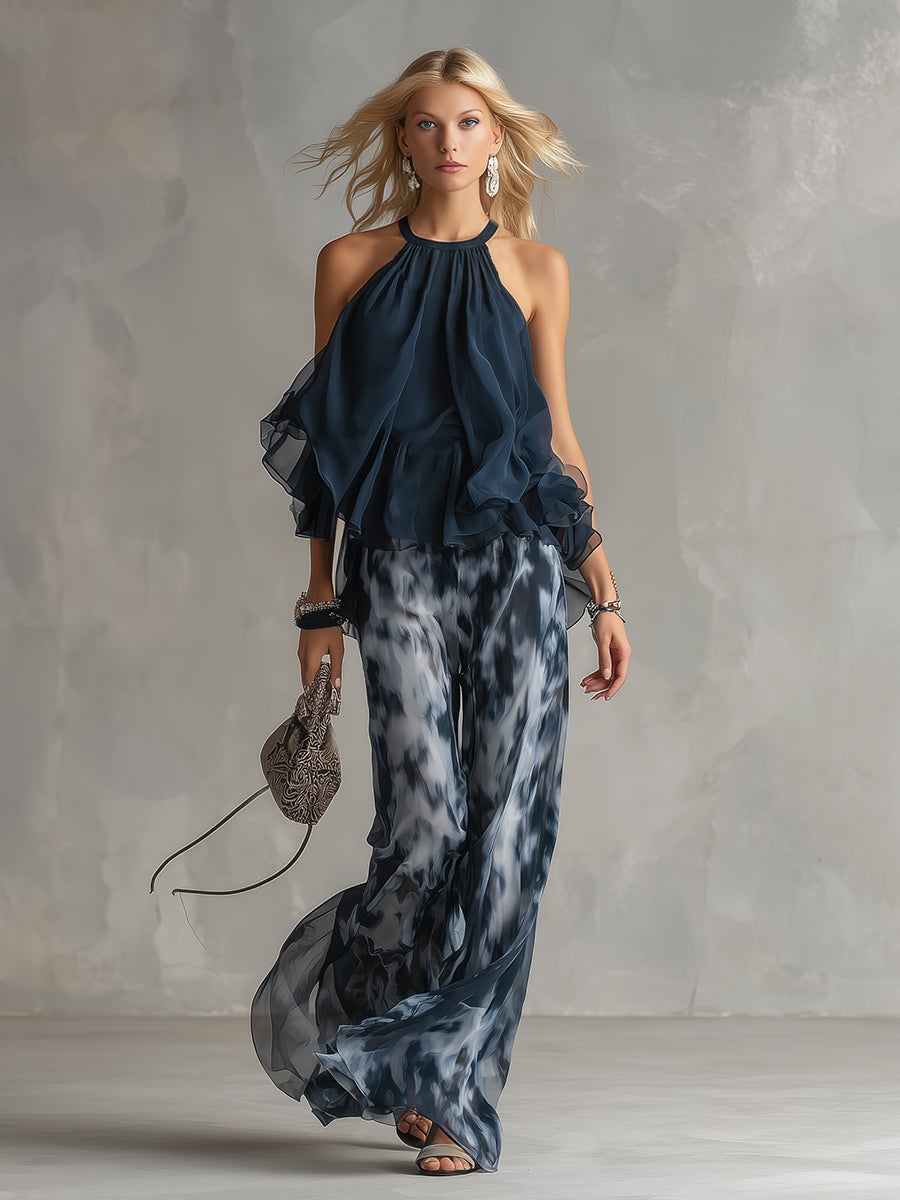 Ludovica – Luxe chiffon two-piece with a high-neck top and flowing wide-leg printed trousers • S1