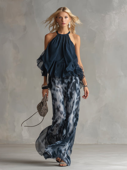 Ludovica – Luxe chiffon two-piece with a high-neck top and flowing wide-leg printed trousers • S1