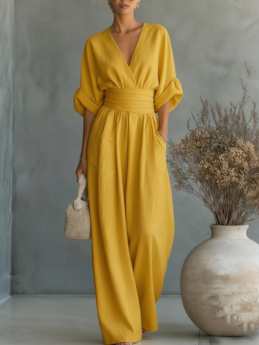 Chic V-Neck, High-Waisted Jumpsuit – Size S1