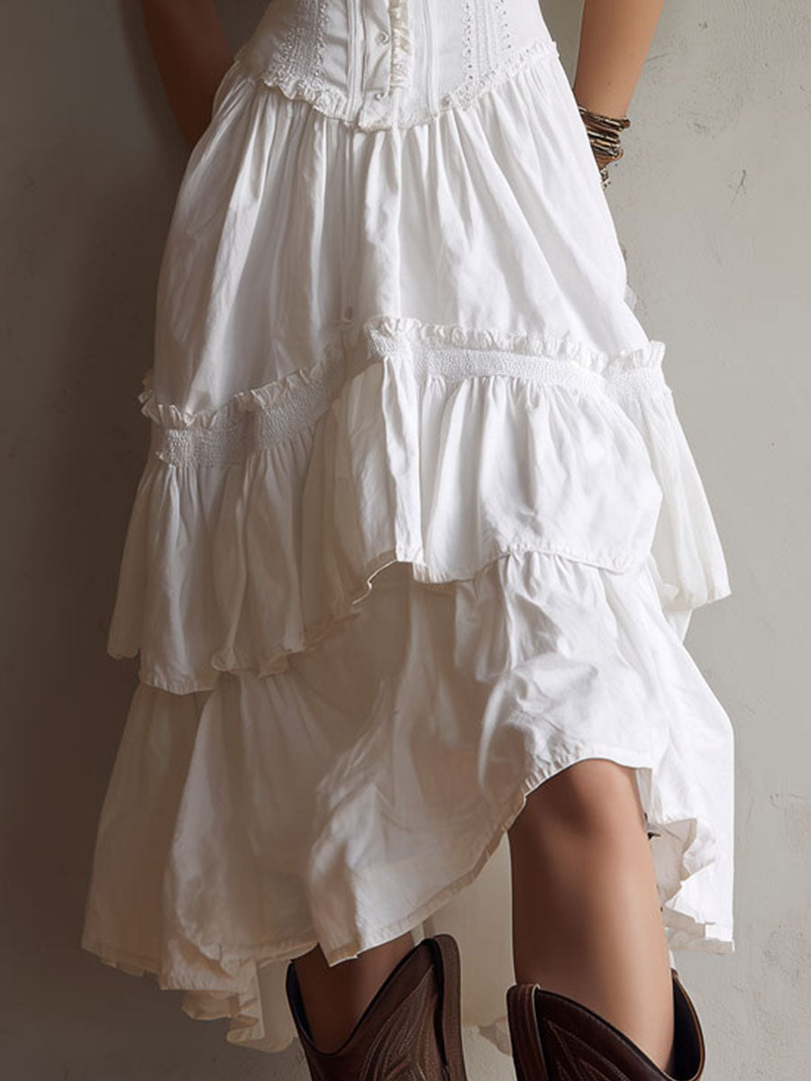 Chic Retro Boho Corset Midi Dress with Tiered Layers and Lace Trim