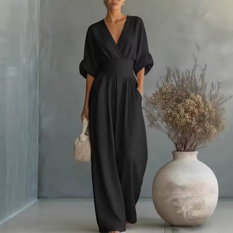 Georgina: Sophisticated Deep V-Neck Wide-Leg Jumpsuit