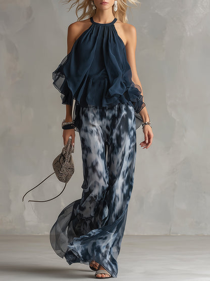 Ludovica – Luxe chiffon two-piece with a high-neck top and flowing wide-leg printed trousers • S1