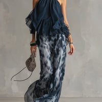 Ludovica | Navy Halter Top & Printed Wide-Leg Set — Sleek, Effortless Style
