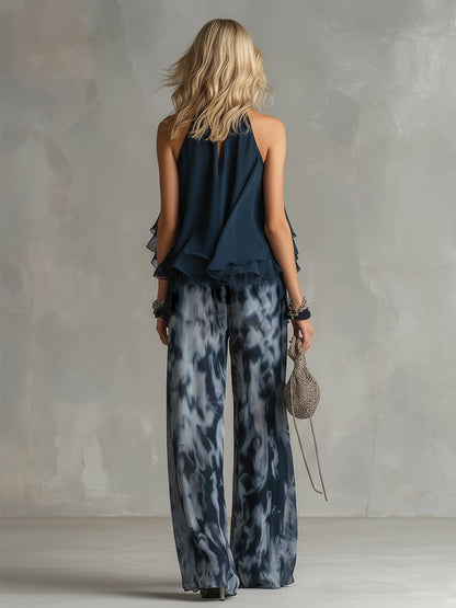 Ludovica – Luxe chiffon two-piece with a high-neck top and flowing wide-leg printed trousers • S1