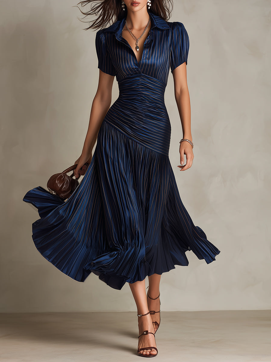 Isla | Pleated Striped Shirt Midi Dress