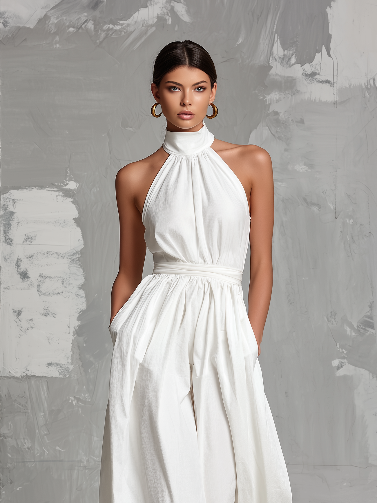 Zoltán Elegant White Woven Sleeveless Halter-Neck Jumpsuit, Size S1