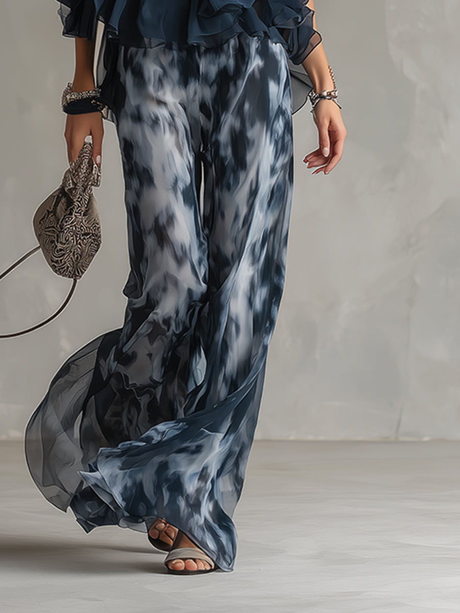 Ludovica – Luxe chiffon two-piece with a high-neck top and flowing wide-leg printed trousers • S1