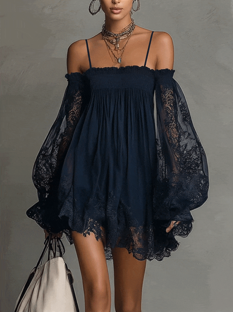 Elowen | Lace-Sleeve Off-Shoulder Mini Dress