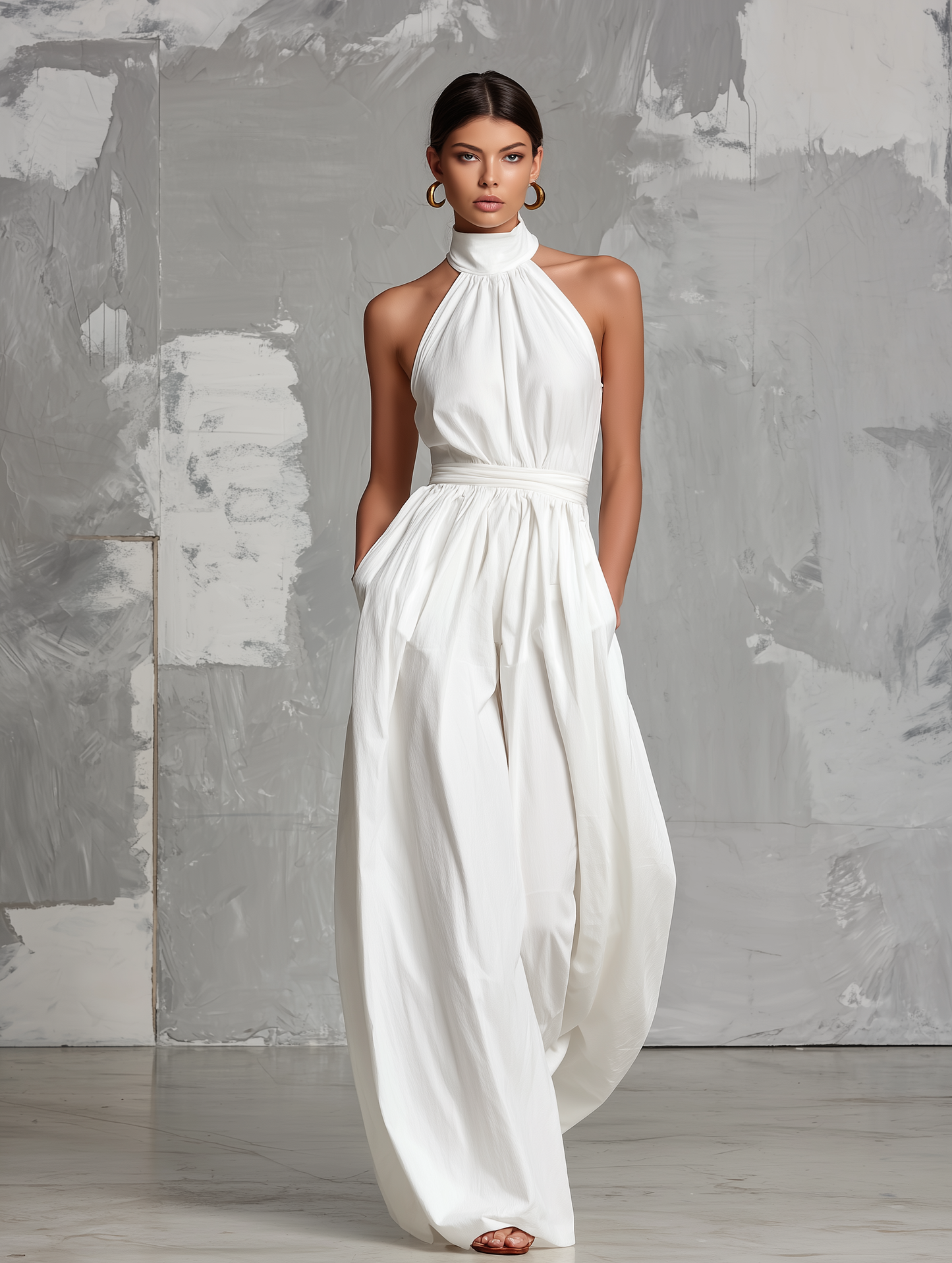 Zoltán Elegant White Woven Sleeveless Halter-Neck Jumpsuit, Size S1