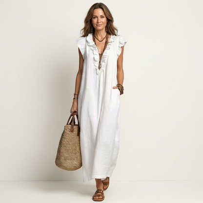 Josette Ruffle-V-Neck Linen Maxi Dress - Flowy, Effortless Style