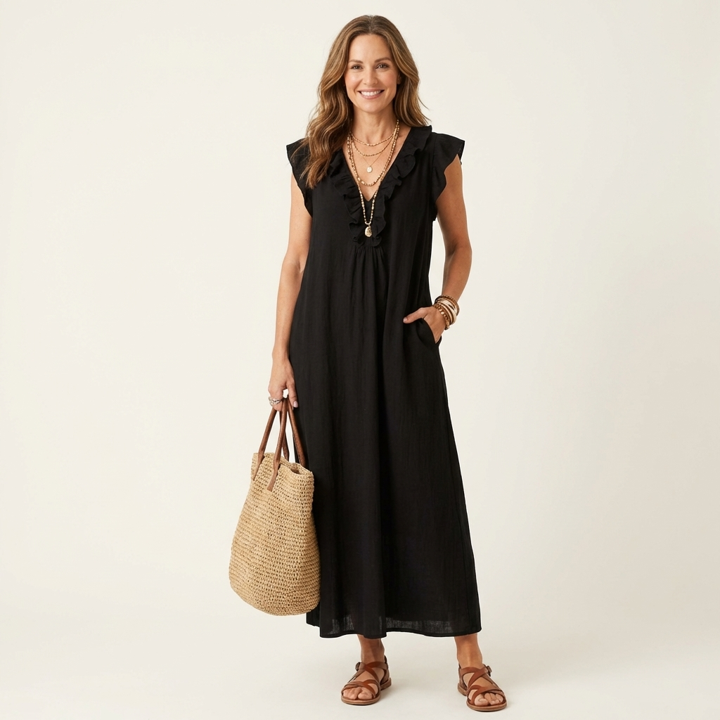 Josette Ruffle-V-Neck Linen Maxi Dress - Flowy, Effortless Style
