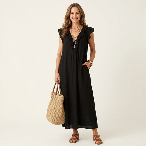 Josette Ruffle-V-Neck Linen Maxi Dress - Flowy, Effortless Style
