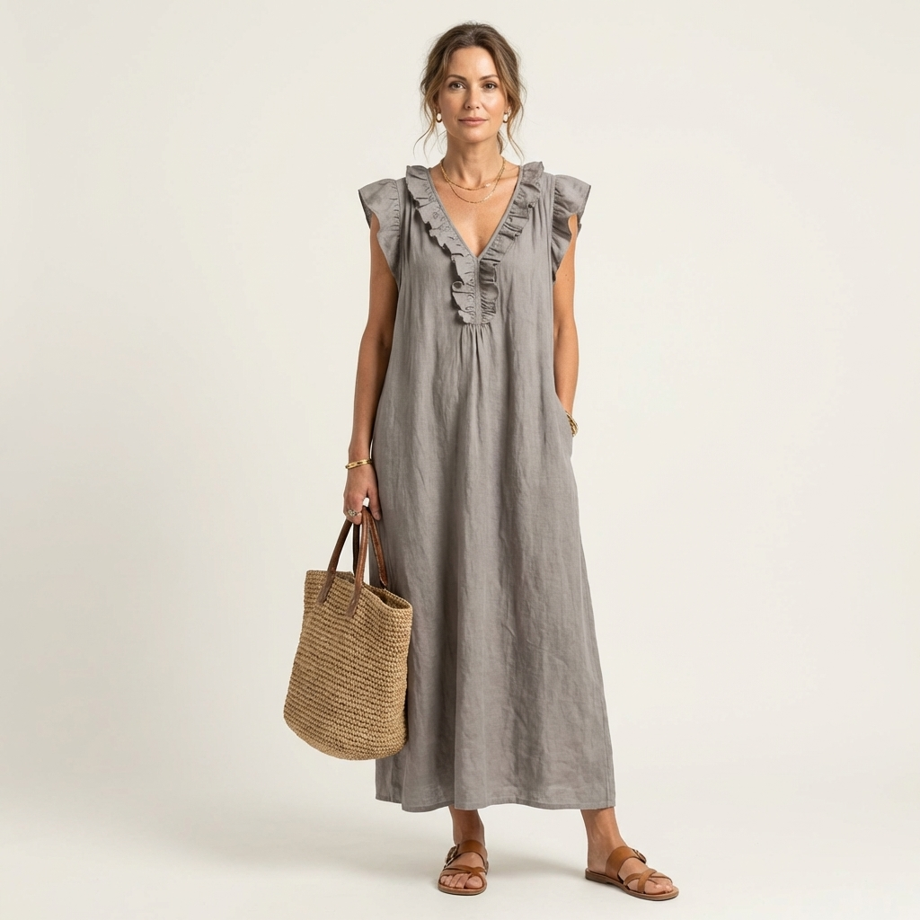 Josette Ruffle-V-Neck Linen Maxi Dress - Flowy, Effortless Style