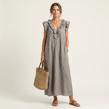 Josette Ruffle-V-Neck Linen Maxi Dress - Flowy, Effortless Style