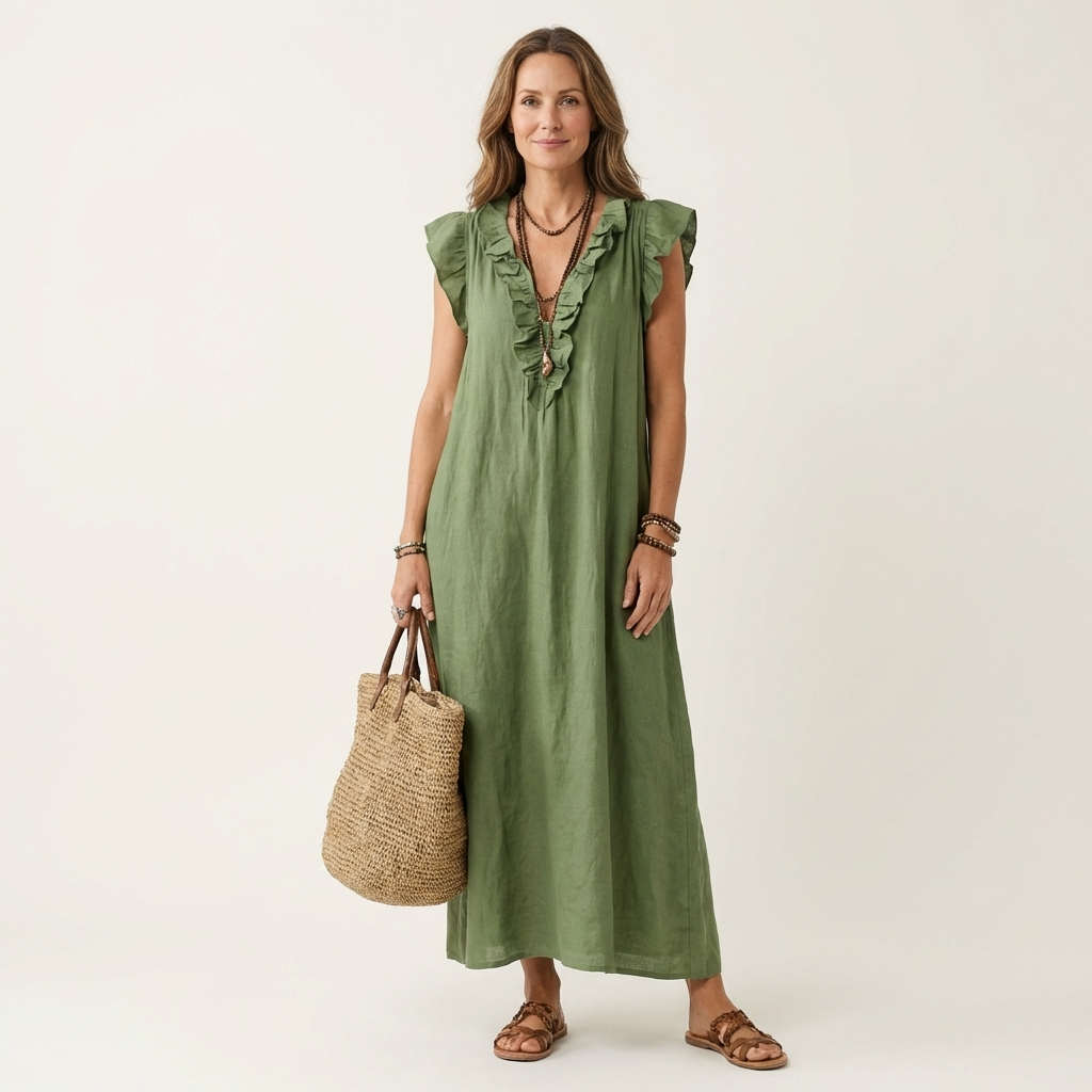Josette Ruffle-V-Neck Linen Maxi Dress - Flowy, Effortless Style