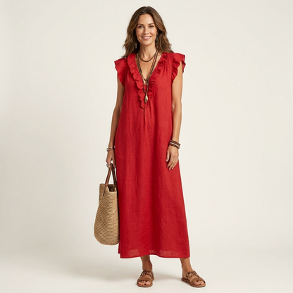 Josette Ruffle-V-Neck Linen Maxi Dress - Flowy, Effortless Style