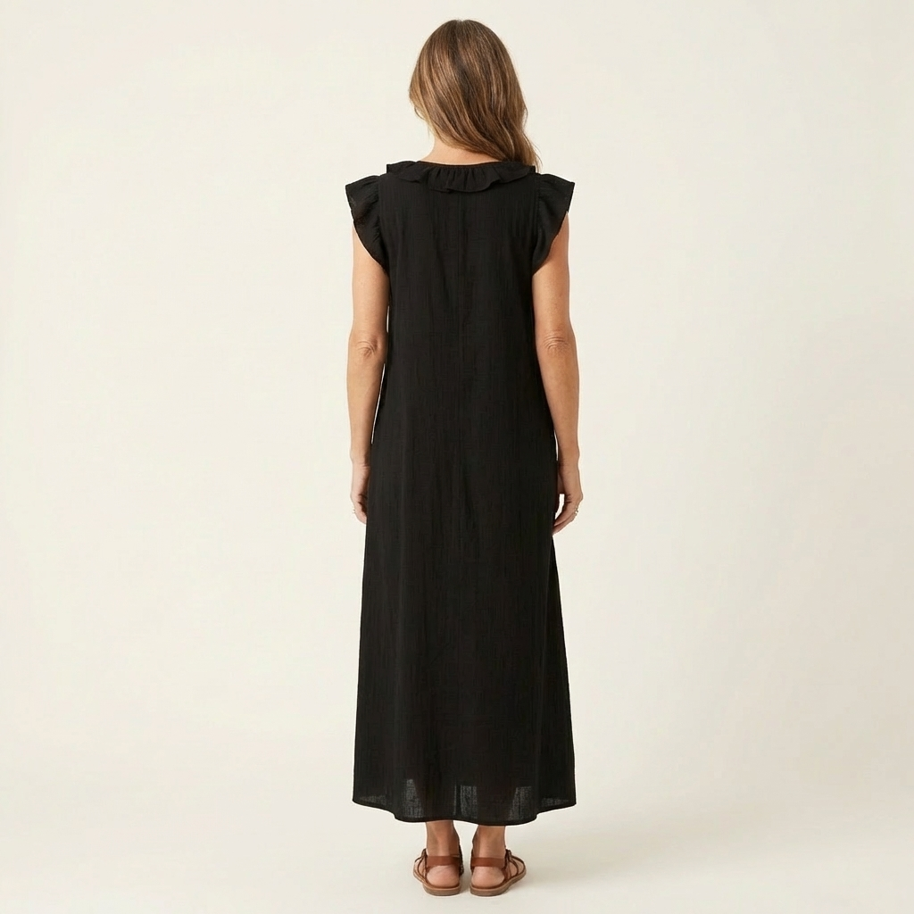 Josette Ruffle-V-Neck Linen Maxi Dress - Flowy, Effortless Style