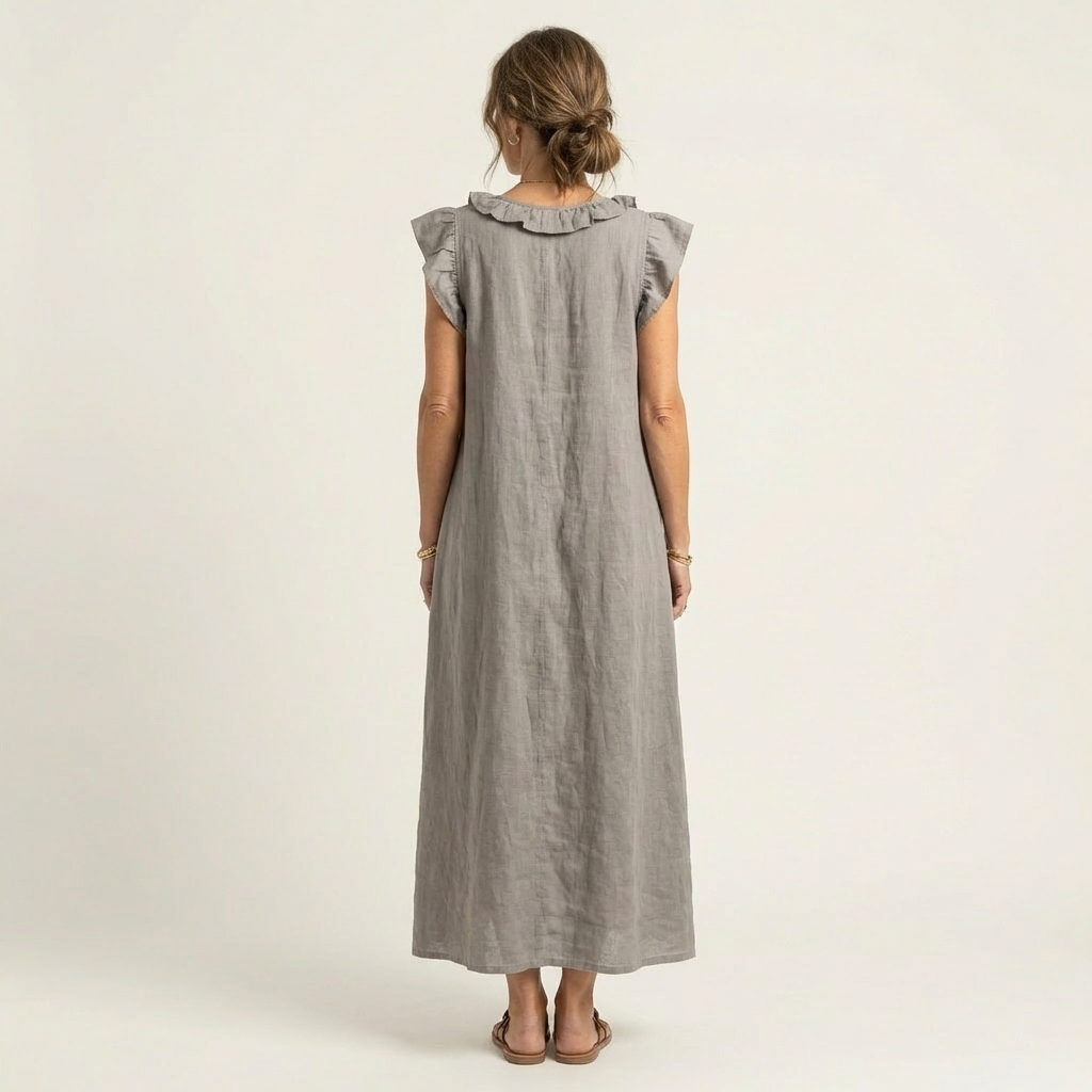 Josette Ruffle-V-Neck Linen Maxi Dress - Flowy, Effortless Style