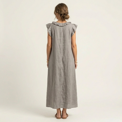 Josette Ruffle-V-Neck Linen Maxi Dress - Flowy, Effortless Style