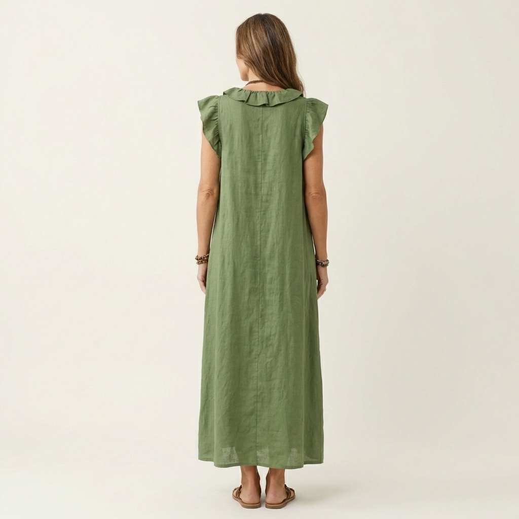 Josette Ruffle-V-Neck Linen Maxi Dress - Flowy, Effortless Style