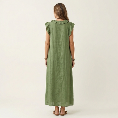 Josette Ruffle-V-Neck Linen Maxi Dress - Flowy, Effortless Style