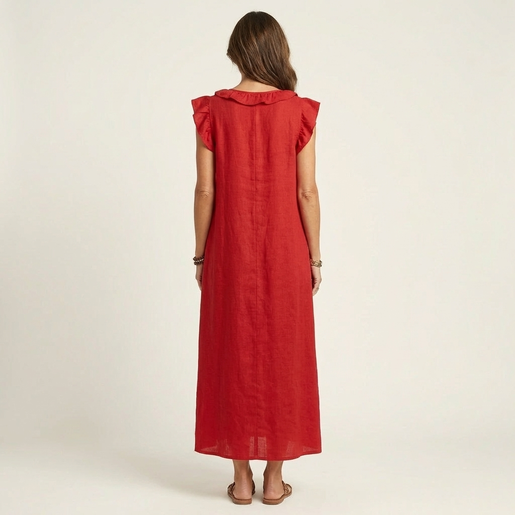 Josette Ruffle-V-Neck Linen Maxi Dress - Flowy, Effortless Style