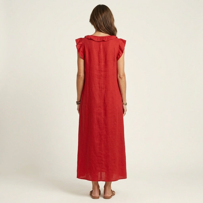 Josette Ruffle-V-Neck Linen Maxi Dress - Flowy, Effortless Style