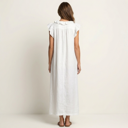 Josette Ruffle-V-Neck Linen Maxi Dress - Flowy, Effortless Style