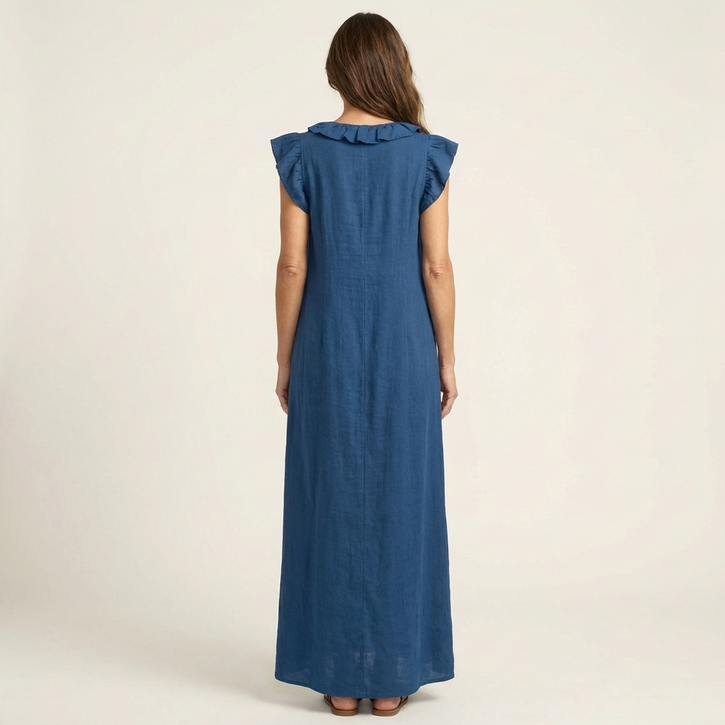 Josette Ruffle-V-Neck Linen Maxi Dress - Flowy, Effortless Style