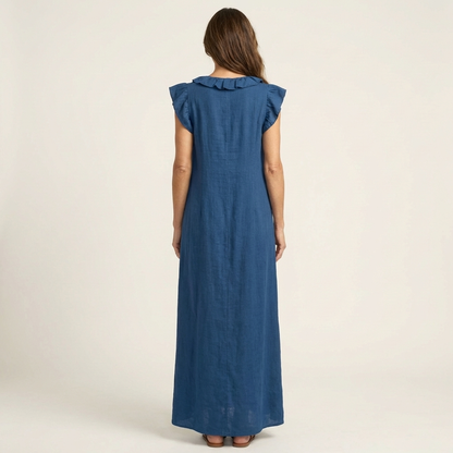 Josette Ruffle-V-Neck Linen Maxi Dress - Flowy, Effortless Style